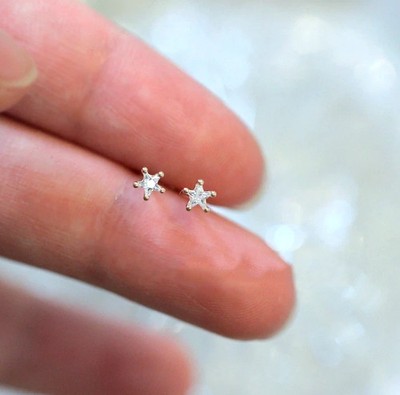 Dainty Gold Tiny Star Stud Earrings Sparkling Clear CZ Crystal Celestial Studs
