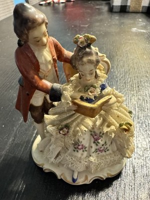 Antique Mueller Volkstedt Dresden Couple Reading Book