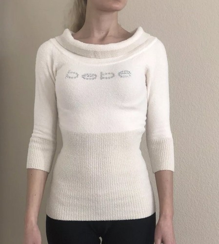 Bebe Cream Sweater Cowl Neck Fuzzy Logo 