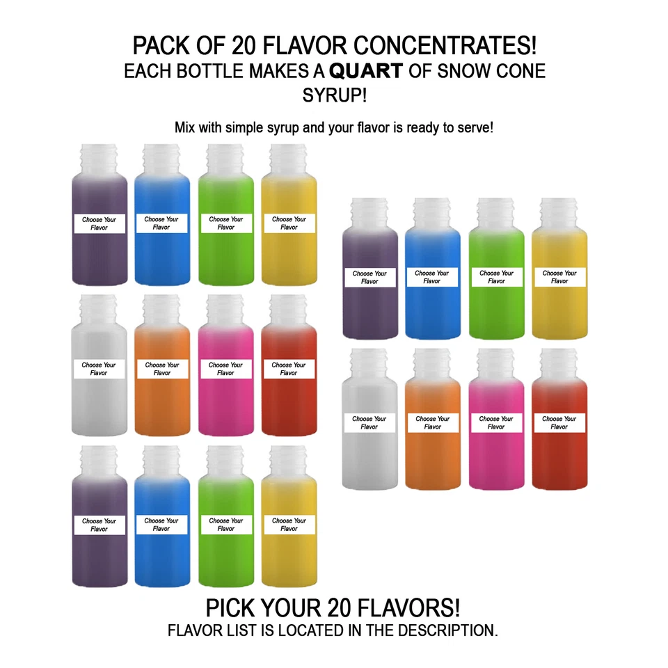 SUMMER SNOW ENTERTAINMENT Shaved Ice Sno Cone Flavor Syrup Mix Concentrate Snow Kone Mix ***20 PACK** 1oz