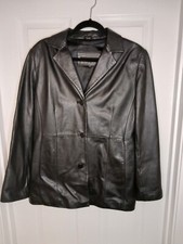 Vintage Winlit womens leather coat size Lg black 3 button lined pockets trench