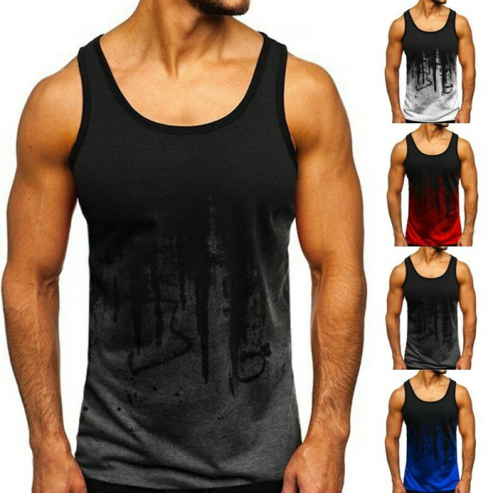 Mens Gradient U Neck Tank Tops Casual Sport Workout Gym Fitness T-shirt Tee Vest