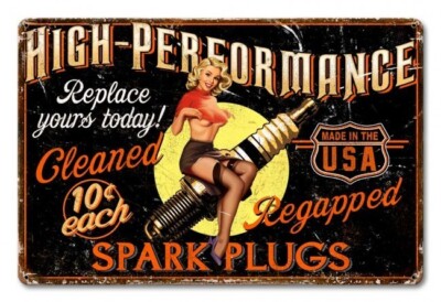 High Performance Spark Plugs USA Pin Up Werbung Retro Sign Blechschild Schild
