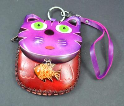 Handmade Leather 3D Animal Cat W/ Fish Coin Purse Pocket Handbag Women Child P4