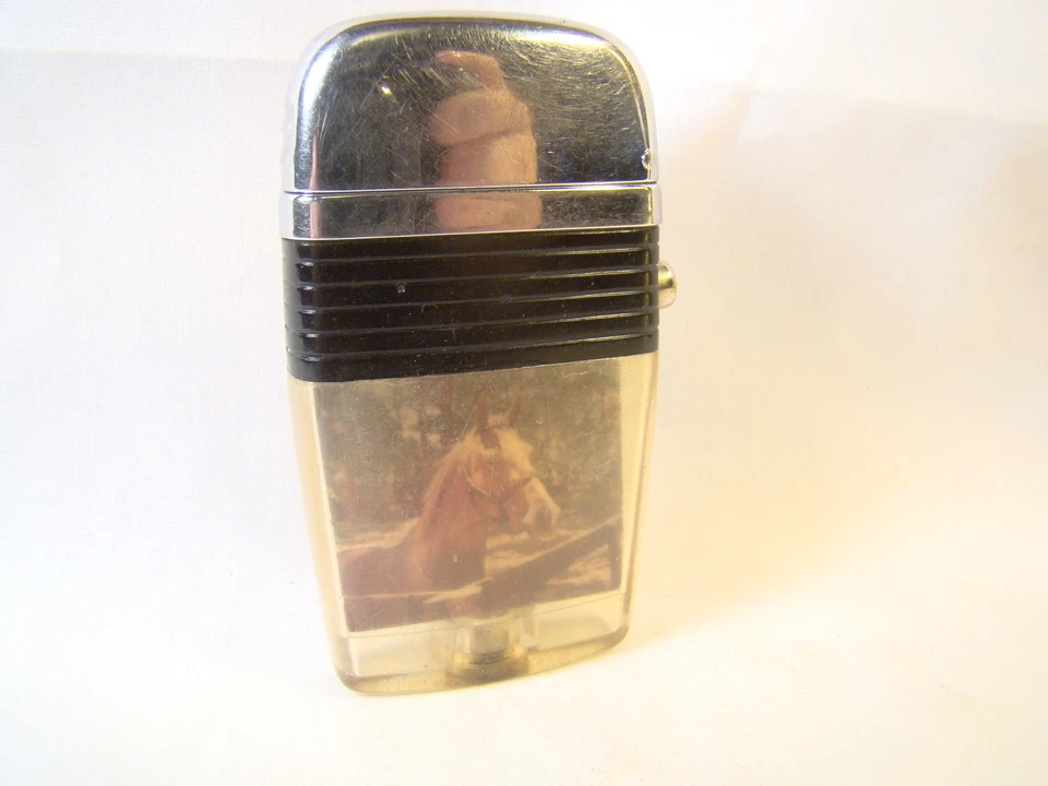 Foto de caballo Scripto Vu vintage cromada banda negra encendedor abatible que brilla bien Foto 2 de 4