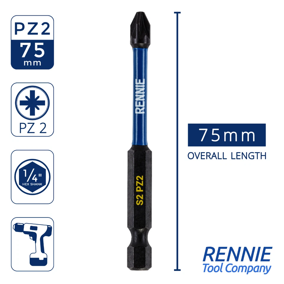 PZ2 75mm Long Impact Duty Screwdriver Drill Driver Bits Pozidriv Pozi 2 Coated - Image 2 of 4