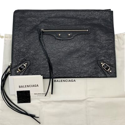Authentic BALENCIAGA Classic Pouch Clutch Bag Black Leather