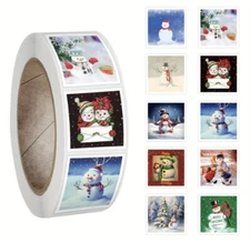 500 pc Sticker Seals Roll Snowman "Greeting Card-Like" Design Self Adhesive NEW 