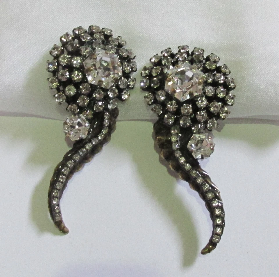 vintage 70er Jahre Strass Kristall Ohrringe Seepferdchen Ohrclips made in Italy - Bild 2 von 4