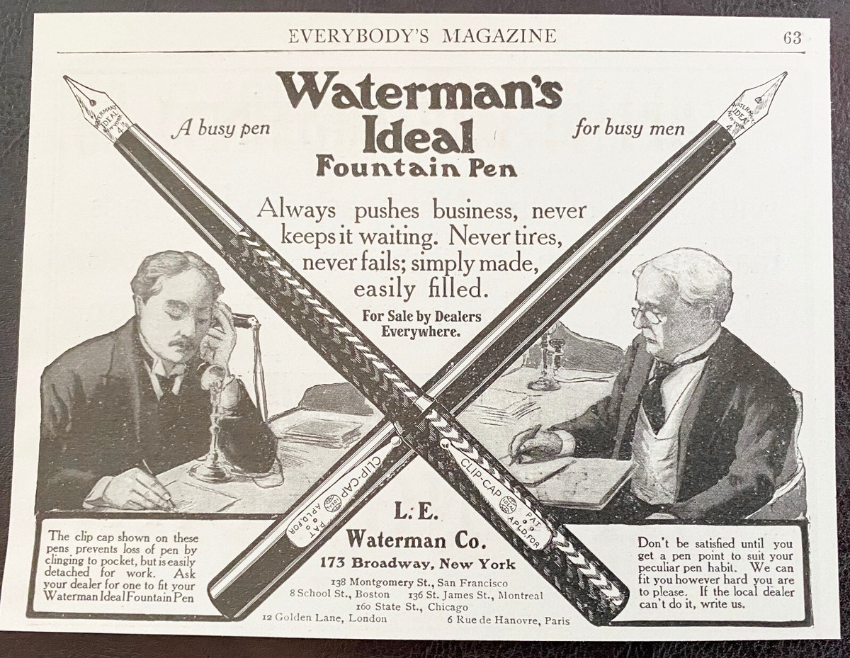 1905 L.E. WATERMAN'S Ideal Fountain Pen Vtg Print Ad~Busy