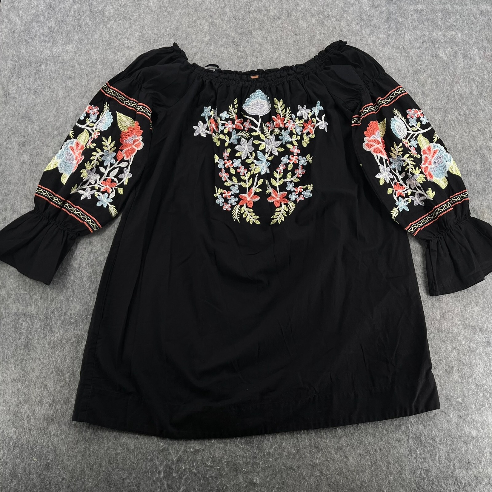 Free People Mini Dress Tunic M Black Fleur Du Jour Embroidered Off Shoulder
