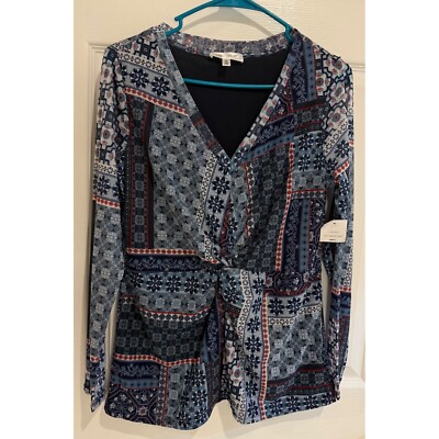 Daily Thread Patchwork Blouse Long Sleeve Twist Front Top Blue Red S/P