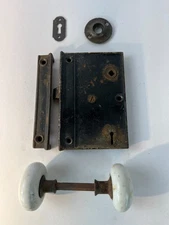 Vintage Mortise Lock Skeleton Key Catch Porcelain Knobs Spindle Escutcheon