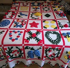 Vintage Crochet 3D Red Rose Afghan Blanket Granny Square Red Green Large 100X81