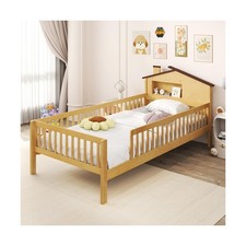 Giantex Twin Kids Bed Frame, Solid Wood Montessori Bed with Guardrails  Hous...