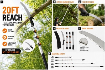 20 Fuß/6 Meter Teleskop Hochentaster Baumschere Astschneider 2 in 1
