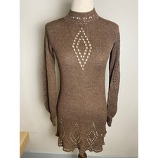 Vintage Helga Howie San Francisco Brown Knit Mini Dress Pointelle 60s 70s Boho