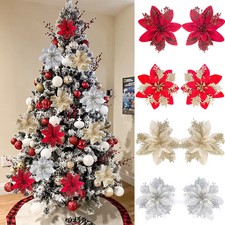 5-20pcs Sparkling Red Golden Silver Poinsettia Artificial Flowers Christmas Tree