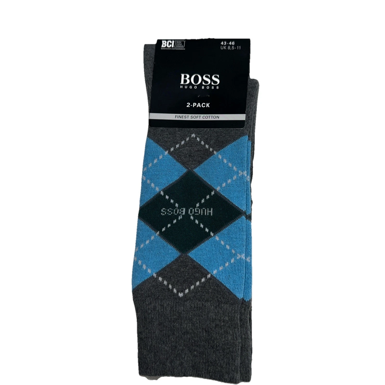 HUGO BOSS Crew Dress Socks Mens 7-13 Navy Argyle Solid 2-Pack Logo Cotton Blend