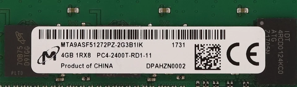 Micron 4GB 1Rx8 PC4-2400T-RD1-11 ECC REG Server Memory P/N: MTA9ASF51272PZ-2G3 - Image 2 of 2