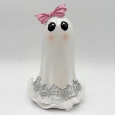 Cute Ghost Figurine with Pink Bow Halloween Decor Spooky Season