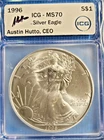 1996 AMERICAN SILVER EAGLE MS70 🔥 KEY DATE - ICG PRESIDENT EXCLUSIVE SIGNATURE