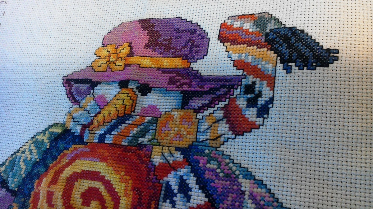 COMPLETED FINISHED CROSS STITCH "TIE DYED SNOWMAN” Vickey Macky design