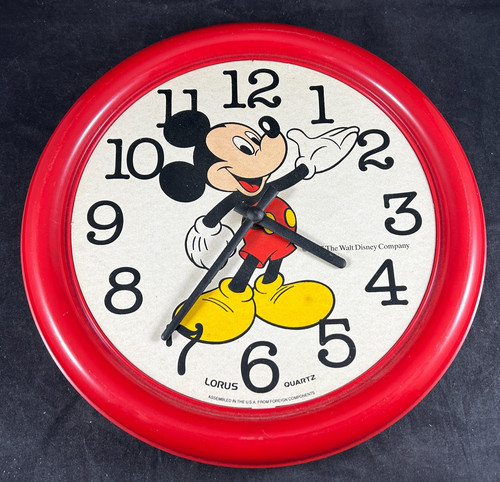 DISNEY MICKEY MOUSE RED LORUS QUARTZ 10" ROUND GRAPHIC WALL CLOCK - VTG RARE