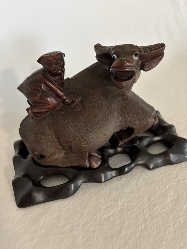 Vintage Hand Carved Wooden Water Buffalo/Oxen Bull with Asian Rider Sculpture