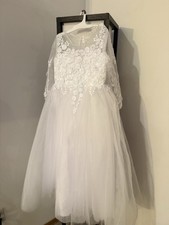 Girls' White Lace Tulle Dress, Pearl Buttons, Long Sleeve, First Communion size6