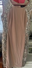 R M Richards Beige Silver Sequin Sheath Knee Length Sleeveless Round Neck Dress