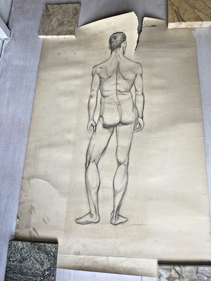 Akt Mann Original Skizze Leben Zeichnung Charchoal Vintage männliche Figur Kunst Studie 60er