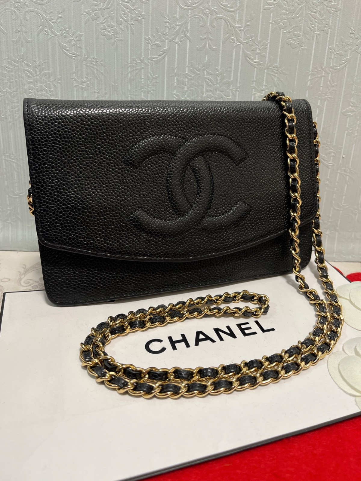 Chanel Wallet on Chain WOC Quilted Caviarskin Shoulder Bag Black Gold JPN 273