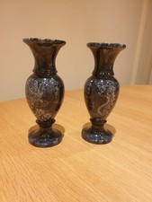 PAIR OF CHINESE ONYX VASES  WITH HAND PAINTED DESIGNS & INSCRIPTIONS