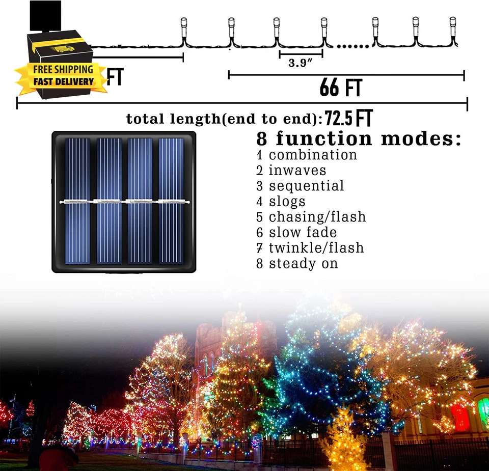 2 Pack Total 400LED 132FT Multi-Colored Christmas Solar String Outdoor Lights, S - Image 2 of 4