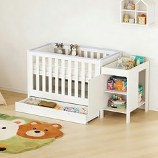 Wooden Baby Cot Bed Crib Infant Sleeper with Mattress& Drawer& Storage Cabinet