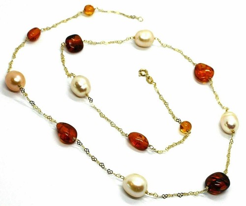 Collar de Oro Amarillo 18K, Jersey Con Corazones Y Gotas Ámbar Perla Rosa, 60 CM