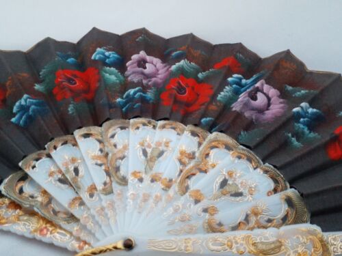 Vintage handbemalt vergoldetes Leinen klappbarer Handventilator mit viktorianischem 2-seitigem Blumenmuster - Bild 4 von 24