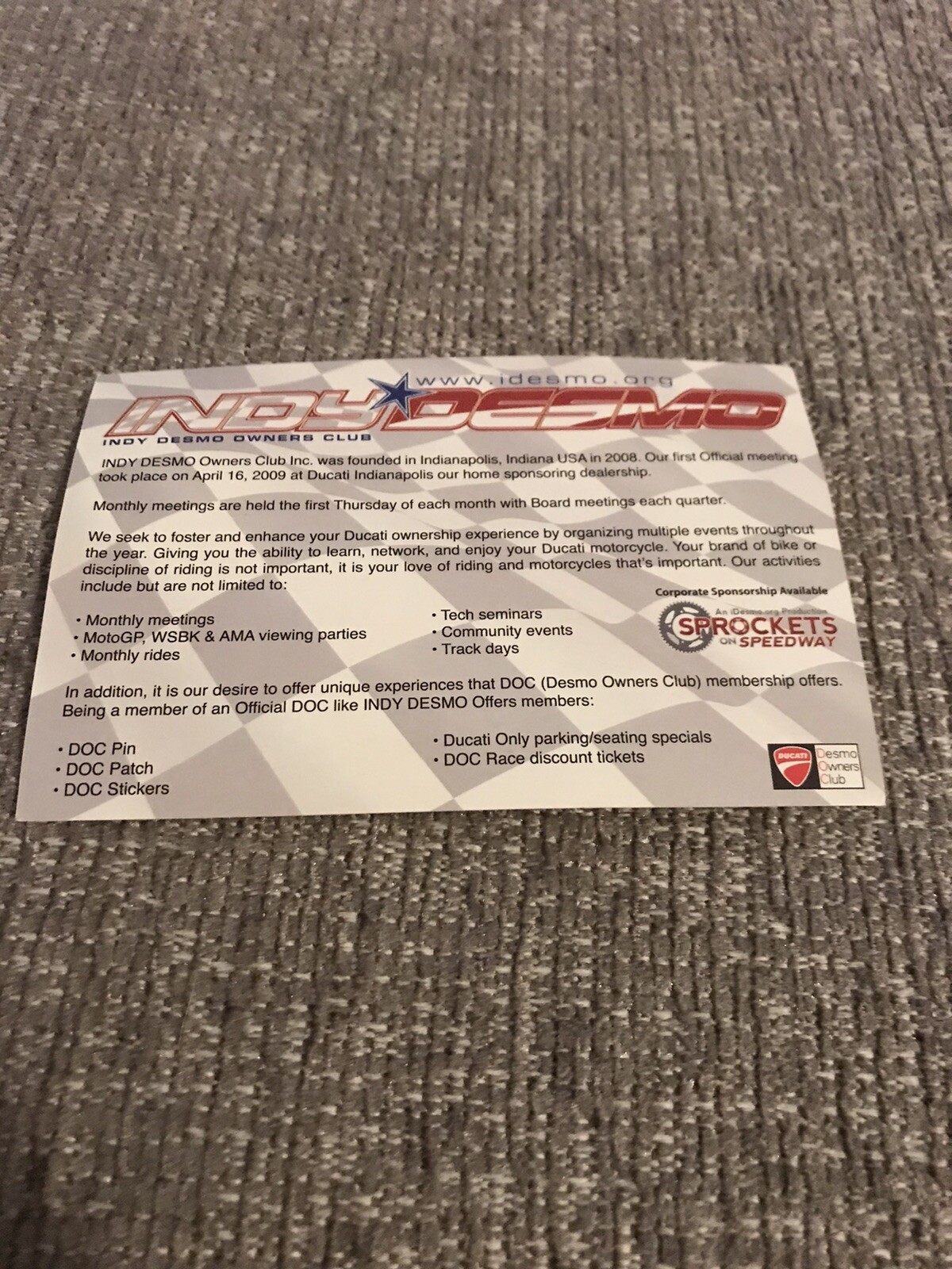 Ducati Motorcycles Indy Owners Club Desmo Fact Card