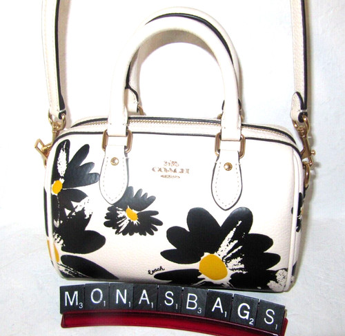 Coach New CZ597 Mini Rowan Satchel Crossbody Chalk Leather Black Flowers NWT$378