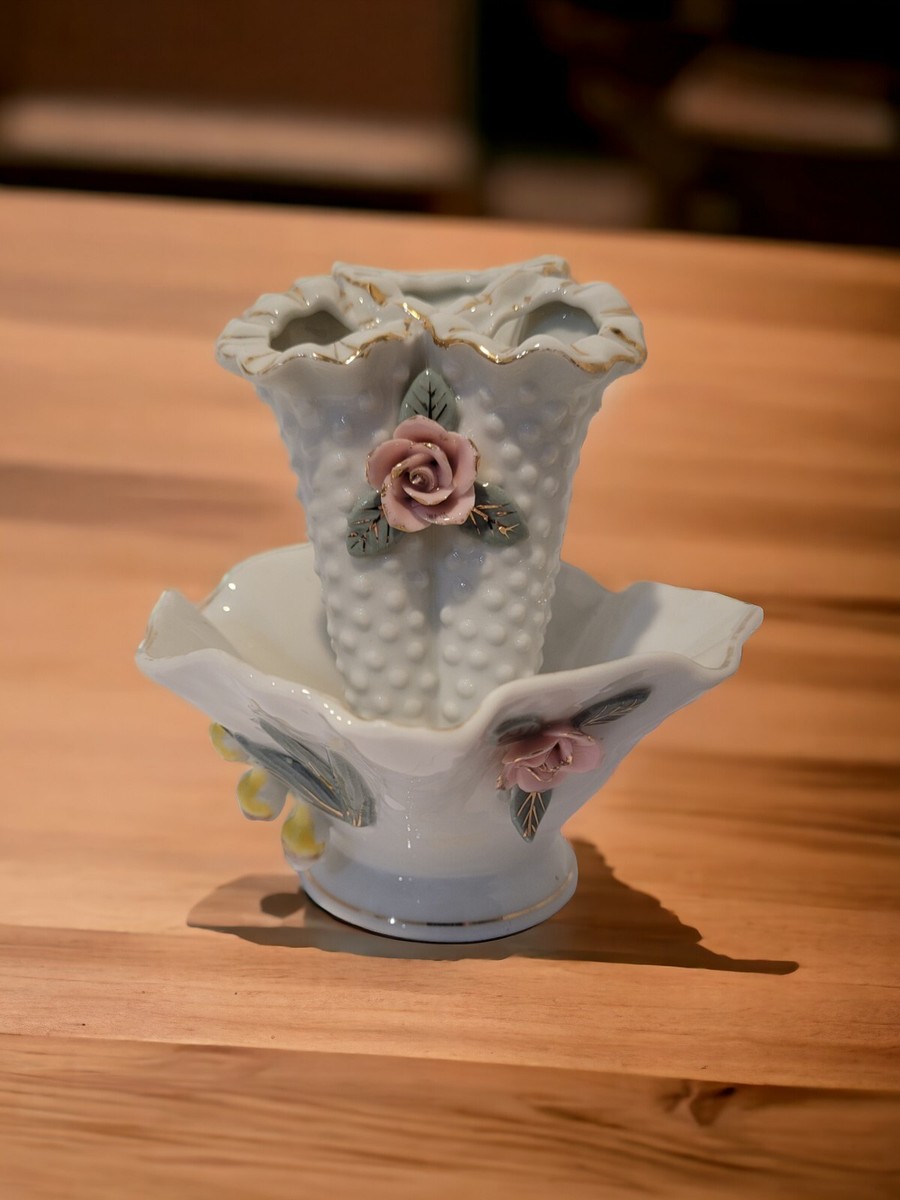 ●JAPANESE MODERN VINTAGE FLOWER VASE ● VINTAGE BUD VASE JAPAN PORCELAIN TRIPLE FLOWER PINK ROSES & YELLOW