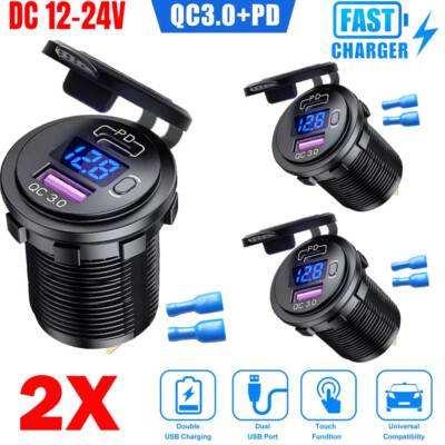 2PC Blue 12V QC3.0 Dual USB Car Fast Charger Sockets LED Voltmeter Waterproof US