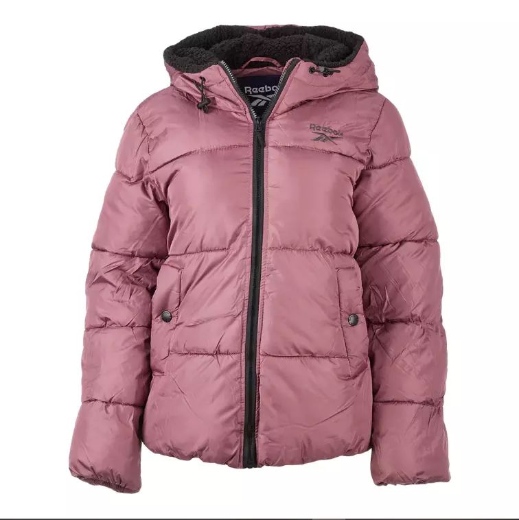 Reebok Women s Puffer Jacket S M L Dusty Rose Sherpa Hood Athletic