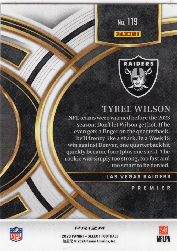 2023 Select Tyree Wilson Blue Disco Prizm 9/25 Premier Level #119 Raiders - Image 2 of 2
