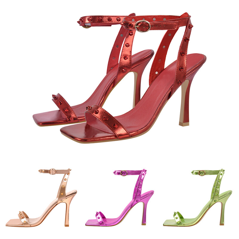 Sandali donna punta aperta sexy a spillo rivetti cinturino alla caviglia  borchie tacco alto