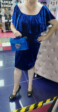 New Blue Velveteen Bardot Off Shoulders Evening PARTY Dress PLUS Size 22-24