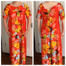 Vtg Sears Hawaiian orange floral maxi dress