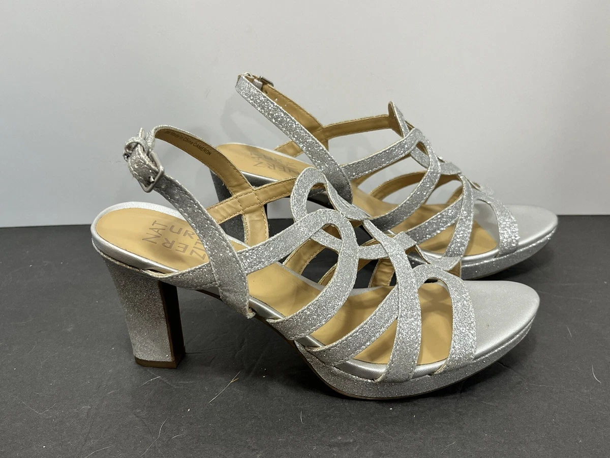 Naturalizer Cameron Dress Sandals Heals Silver Shinny Glitter