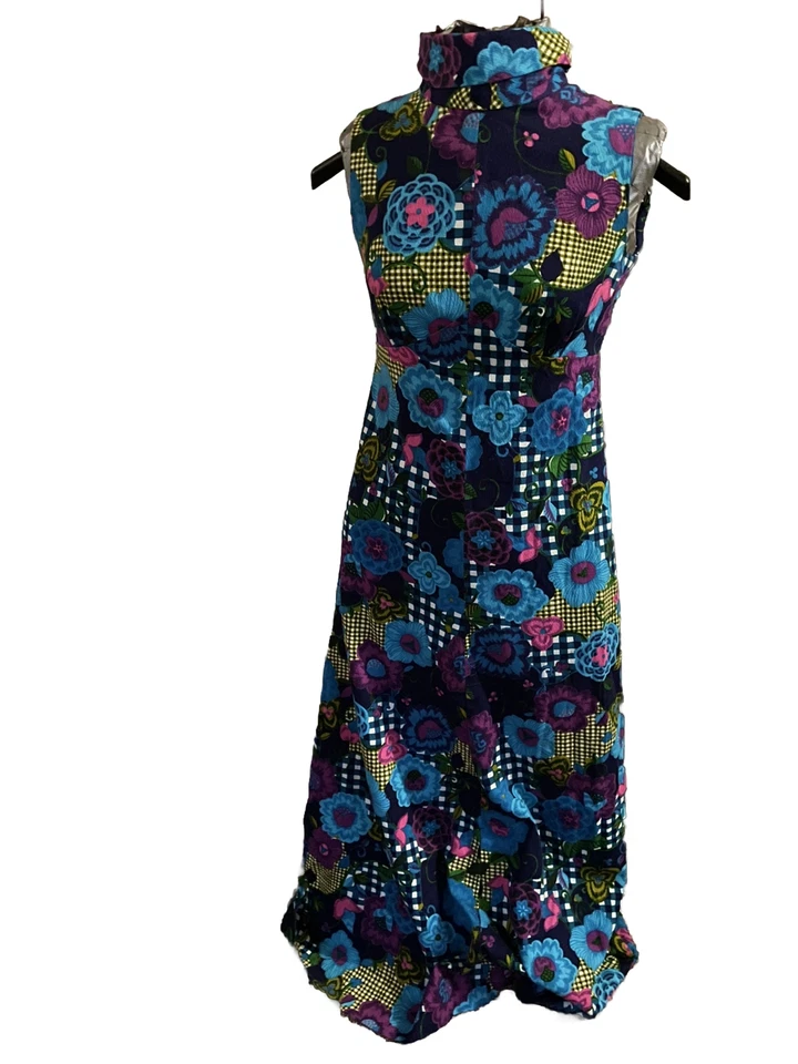 Maxi Vestido Vintage MOD Psicodélico Estampado Floral Mangas Hecho a Mano Cóctel Foto 3 de 4