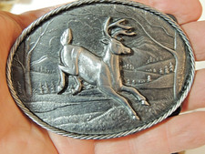 Vintage 1980 The Great American Buckle Co Jumping Buck Deer Belt Buckle w/ Pouch